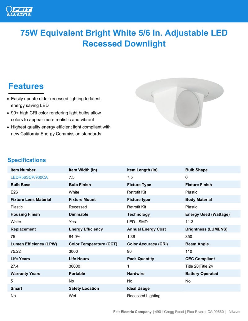 Feit Electric 5-6 inch Adjustable Scoop Recessed LED Downlight, 3000K Bright White, Dimmable, 75W Equivalent, 45 Year Life, 850 Lumen, High CRI, LEDR56SCP/930CA - Image 5